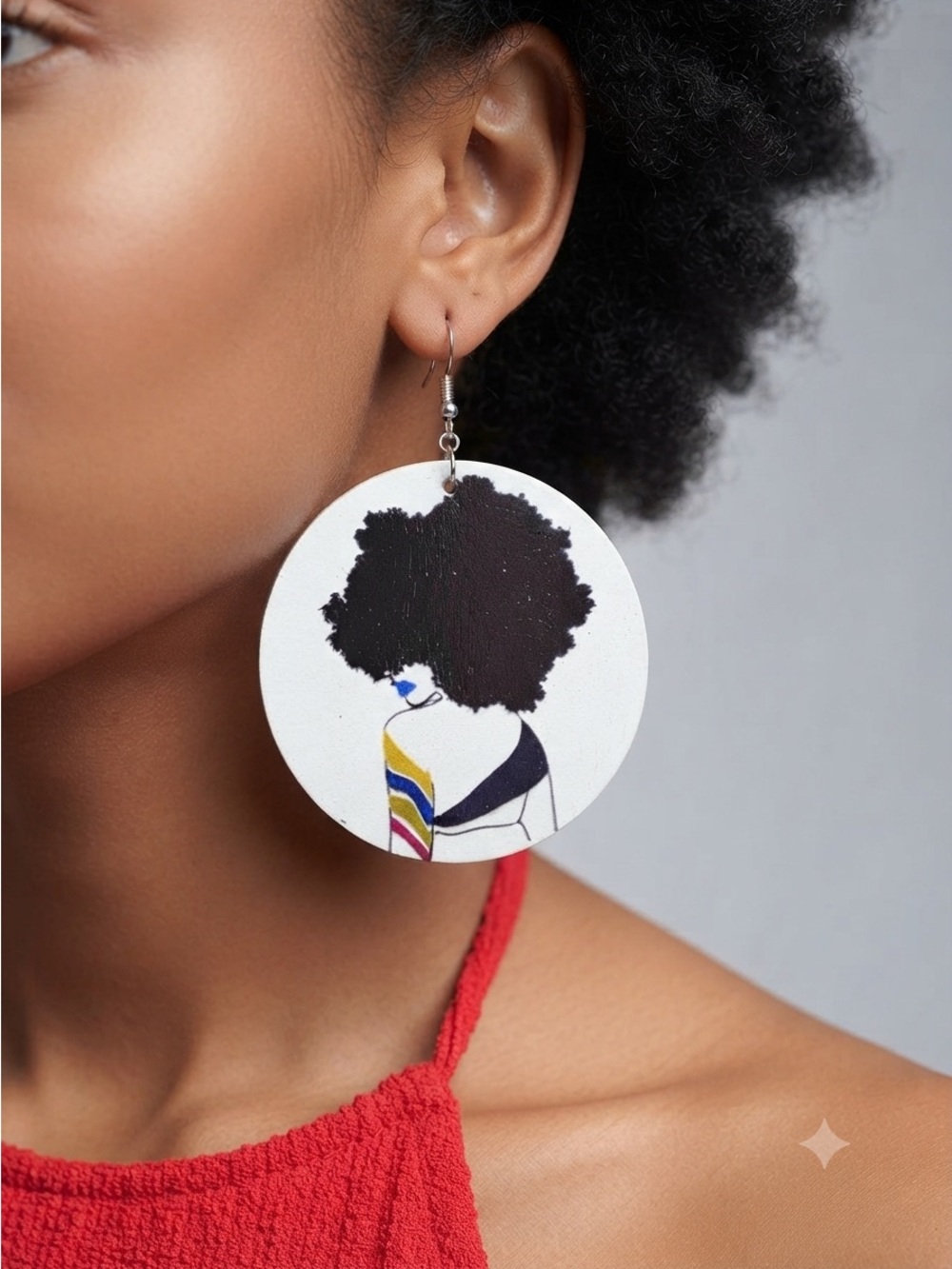 Bold Afro Silhouette Round Wood Earrings in Black and White